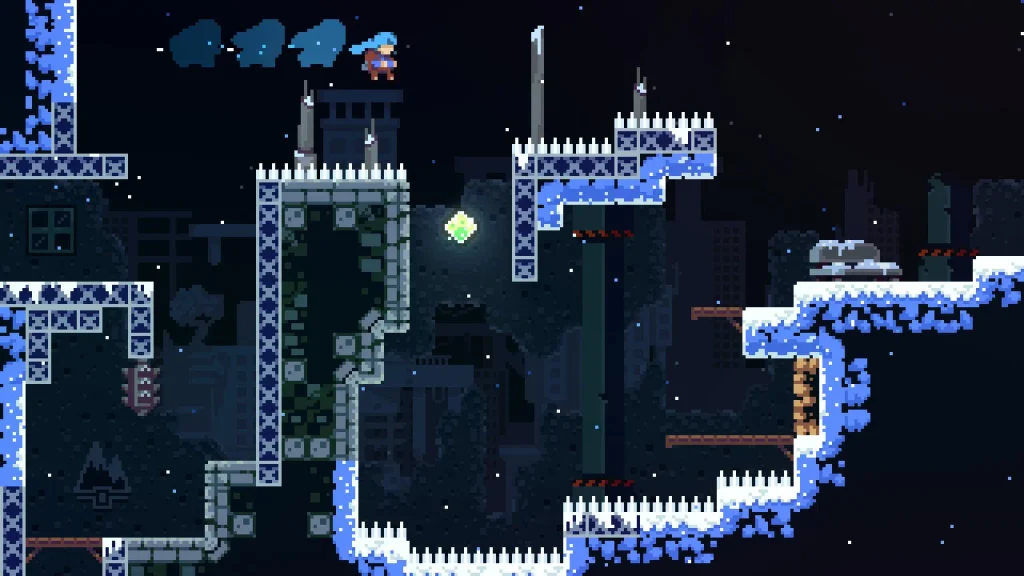 Celeste gameplay, Madeline superando un desafío de plataformas en la montaña