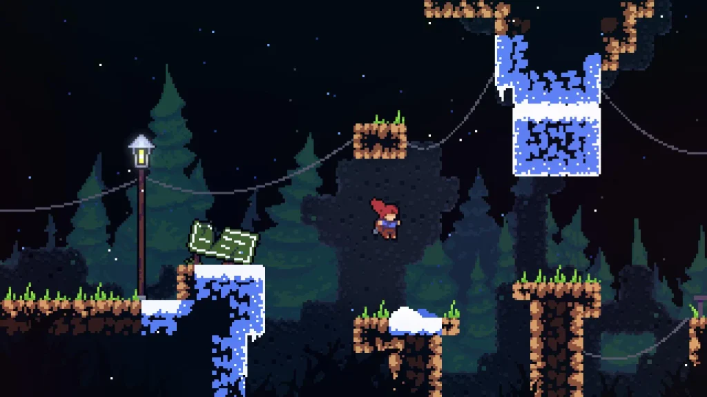 Celeste gameplay, Madeline superando un desafío de plataformas en la montaña