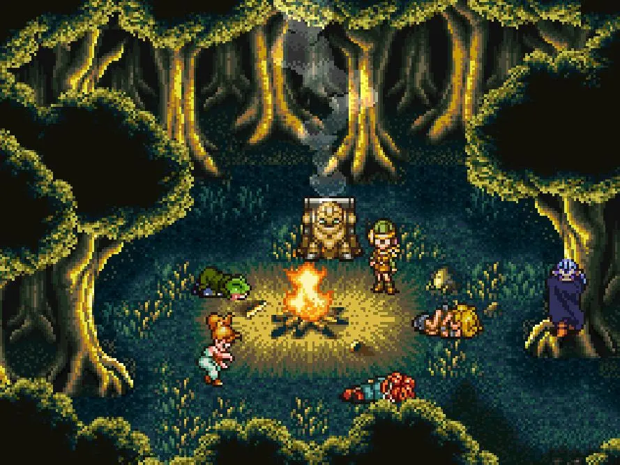 Chrono Trigger gameplay, Crono y su grupo explorando el mundo