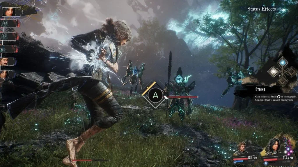 Clair Obscur Expedition 33 gameplay, personajes combatiendo contra un enemigo durante una batalla
