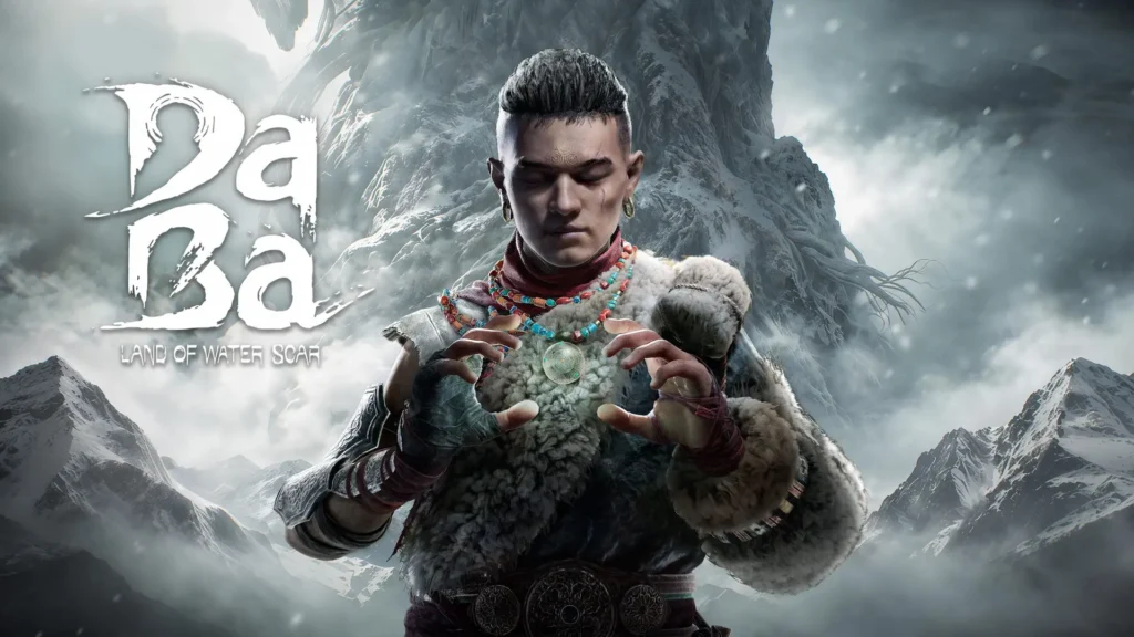 Daba: Land of Water Scar muestra a uno de sus protagonistas con un arma frente al logotipo del juego