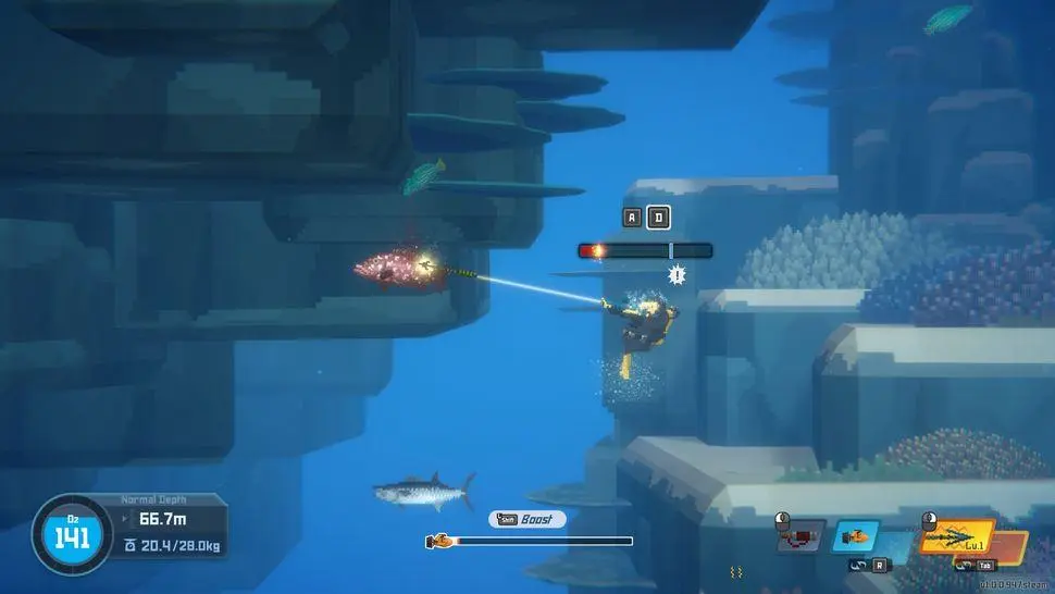 Dave the Diver gameplay, Dave explorando el océano en busca de peces