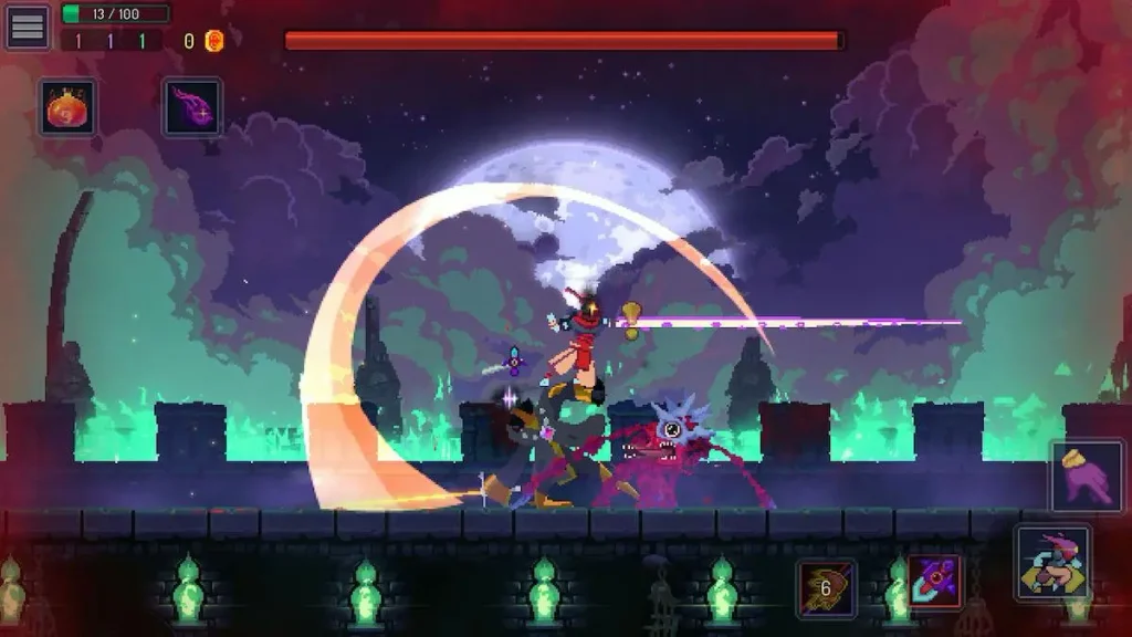 Dead Cells gameplay, protagonista combatiendo contra enemigos en una mazmorra