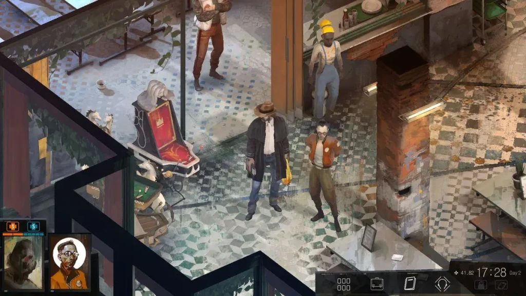 Disco Elysium gameplay, detective investigando una zona de Martinaise