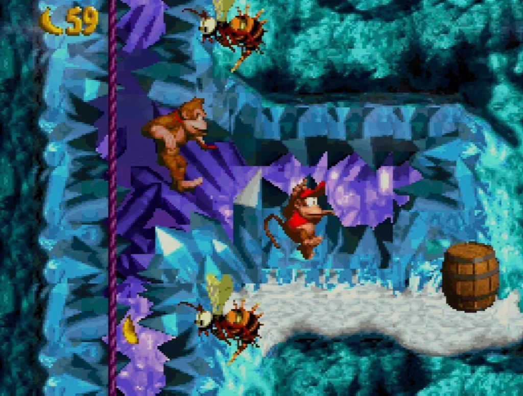 Donkey Kong Country gameplay, Donkey Kong y Diddy Kong avanzando por un nivel