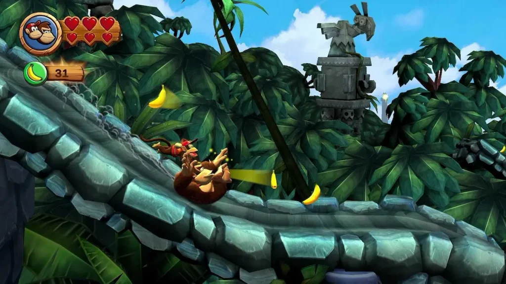 Donkey Kong Country Tropical Freeze gameplay, Donkey Kong avanzando por un nivel de plataformas