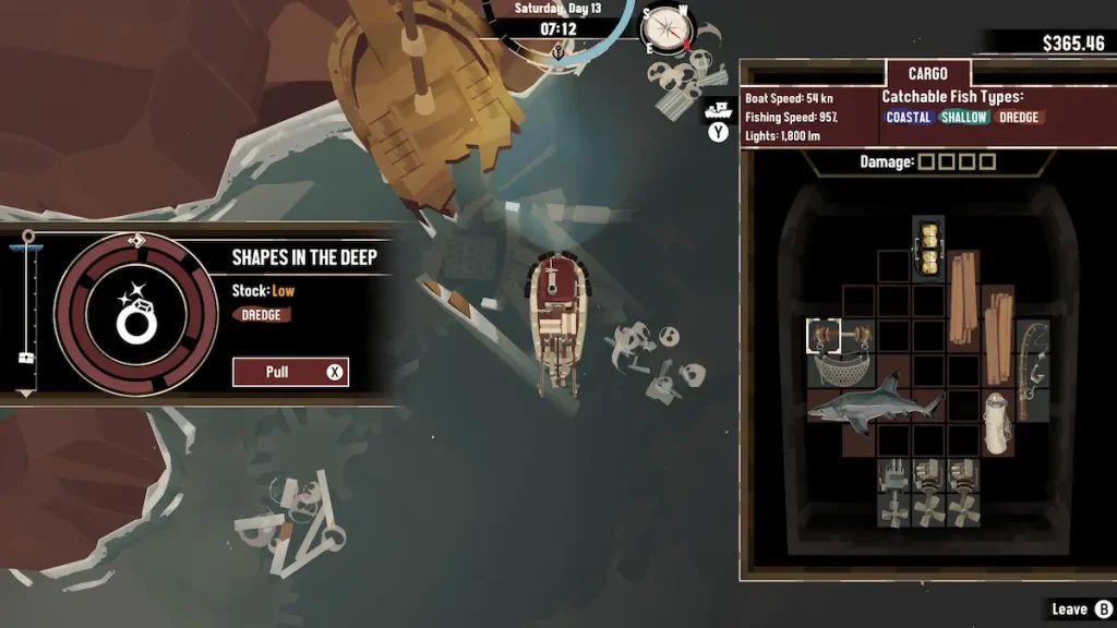 Dredge gameplay, barco de pesca explorando las aguas durante una partida