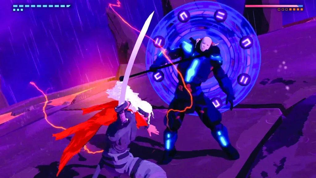Furi gameplay, combate contra un jefe en un escenario futurista