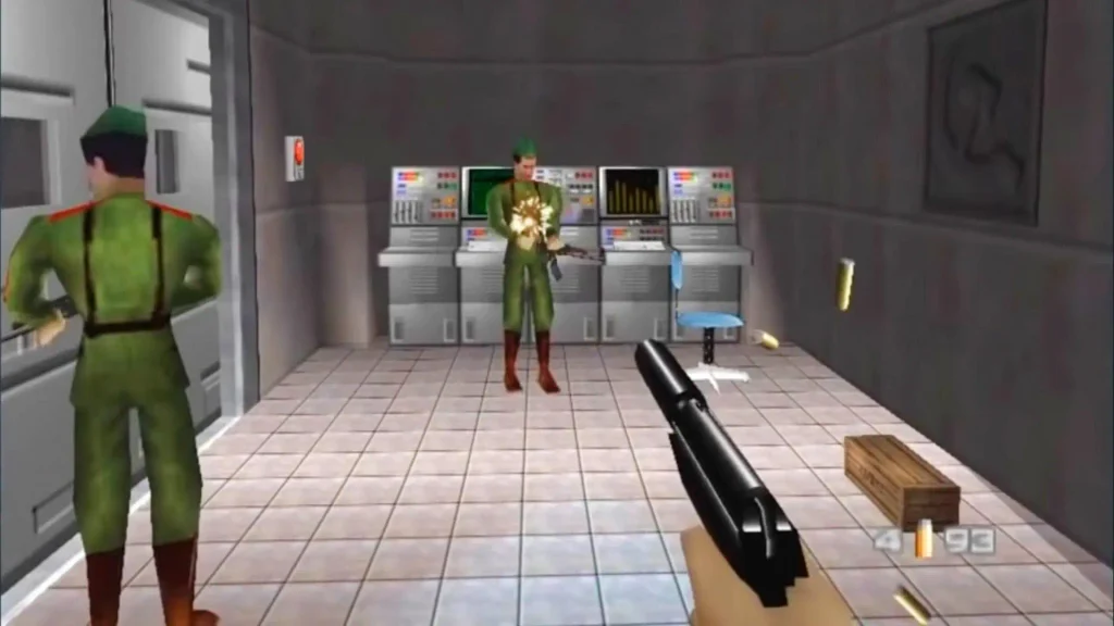 GoldenEye 007 gameplay, James Bond avanzando por una misión en Nintendo 64