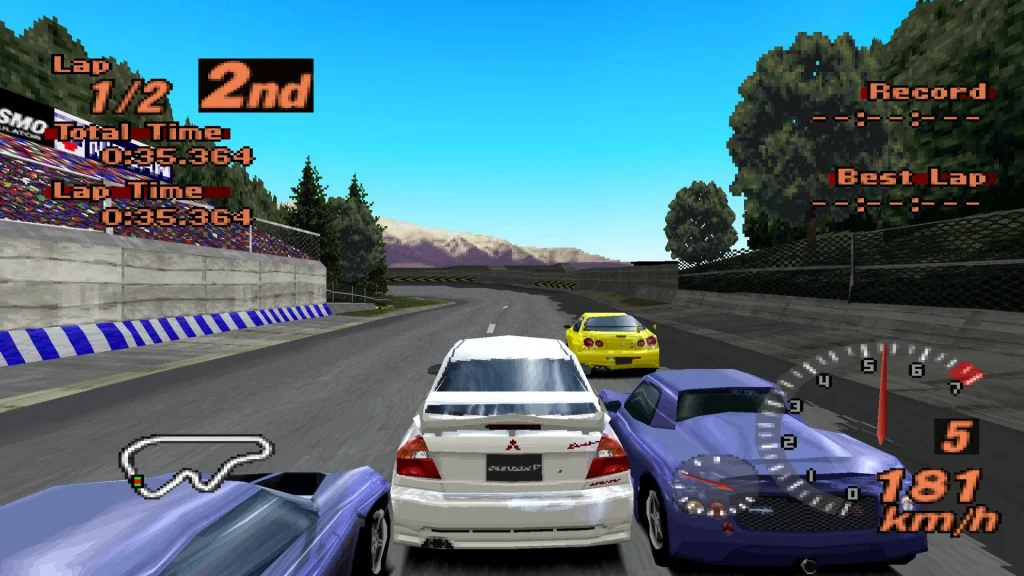 Gran Turismo 2 gameplay, coche compitiendo en una carrera de PlayStation