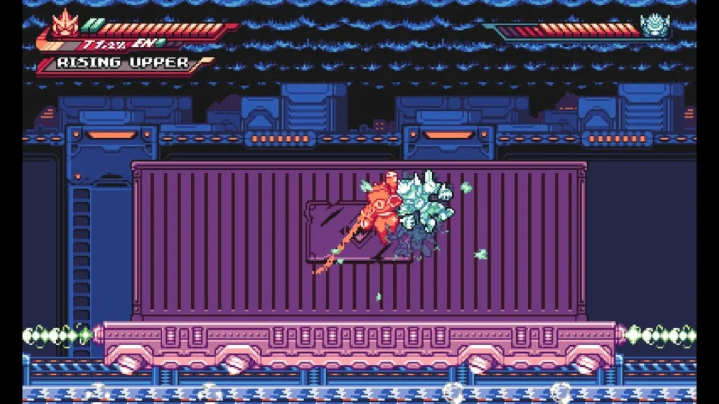 Gravity Circuit gameplay, Agent Kai luchando contra un enemigo en un nivel de plataformas