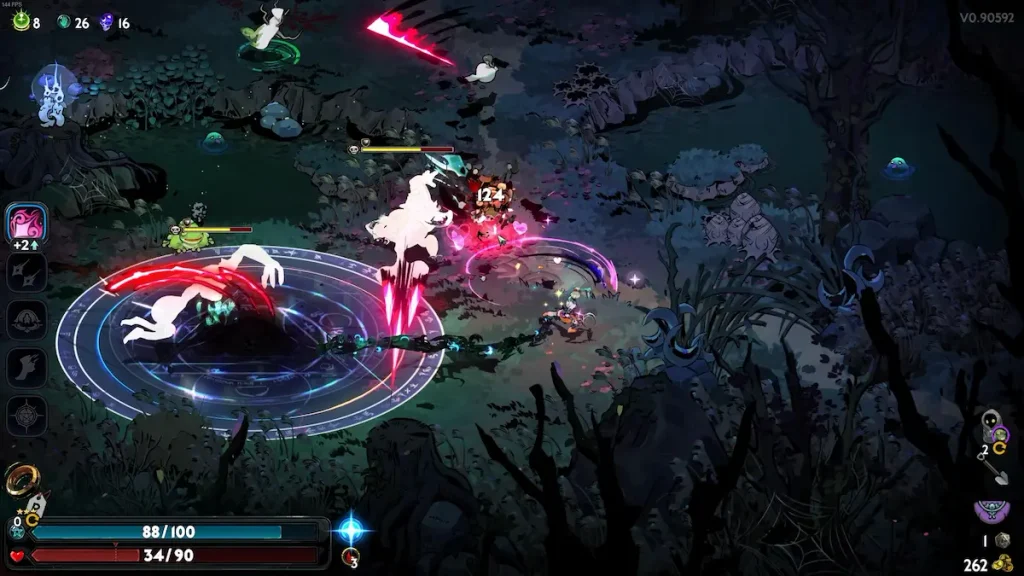 Hades II gameplay, Melínoe combatiendo contra enemigos en el inframundo