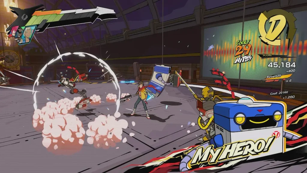Hi-Fi RUSH gameplay, combate contra robots sincronizado con el ritmo de la música