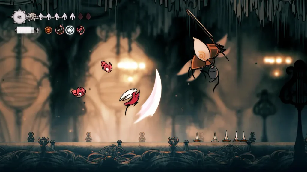 Hollow Knight Silksong gameplay, Hornet combatiendo contra enemigos en Pharloom