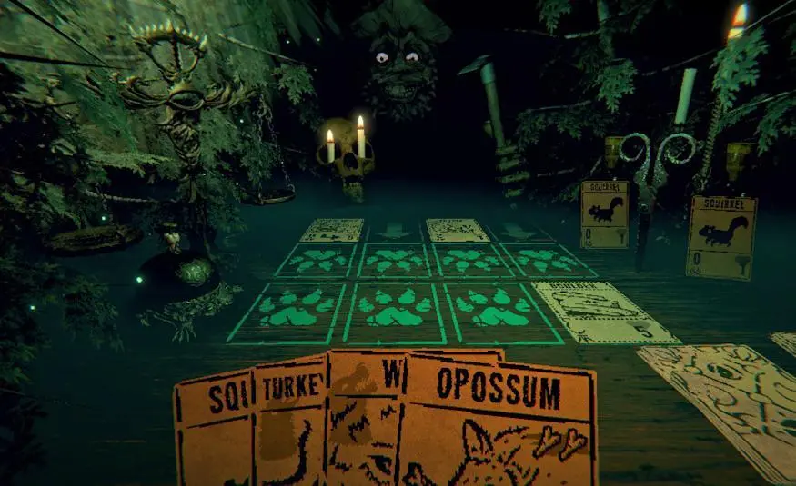 Inscryption gameplay, partida de cartas con criaturas y sacrificios