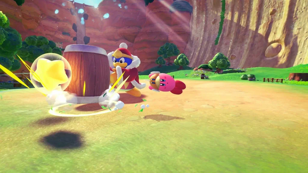 Kirby utiliza sus habilidades de copia en una zona abierta de World Beyond.