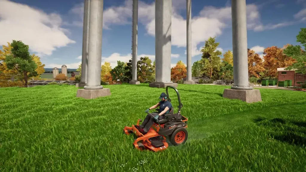 Gameplay de Lawn Mowing Simulator 2 durante un trabajo de jardinería