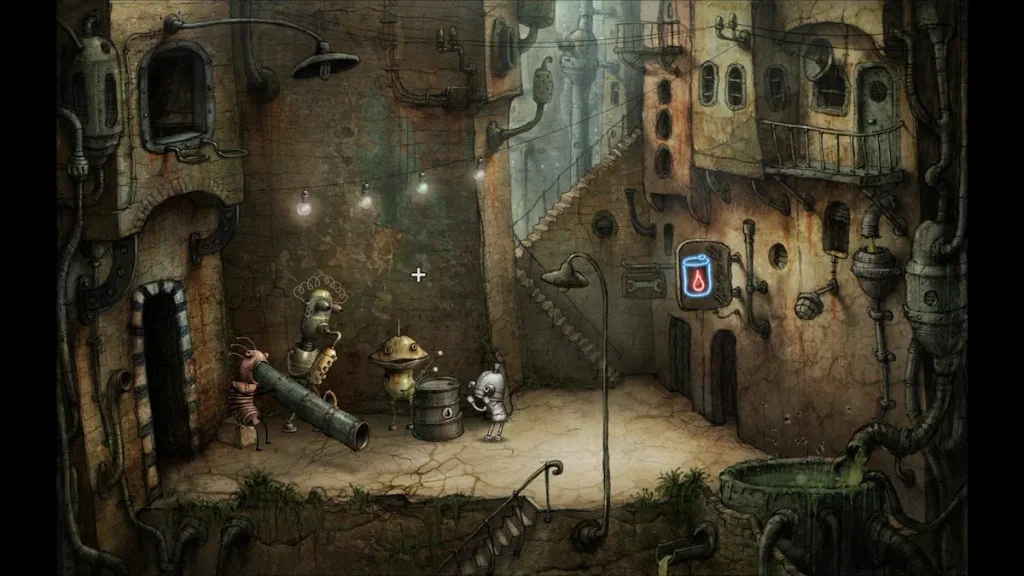 Machinarium gameplay, robot Josef resolviendo un puzle en la ciudad