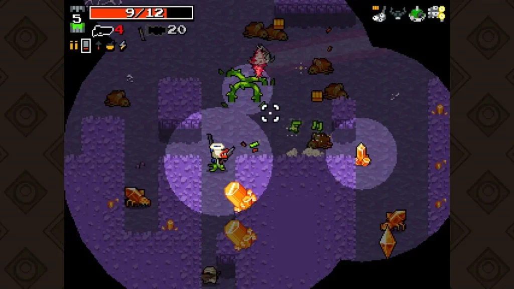 Nuclear Throne gameplay, personaje disparando contra enemigos en un escenario pixel art