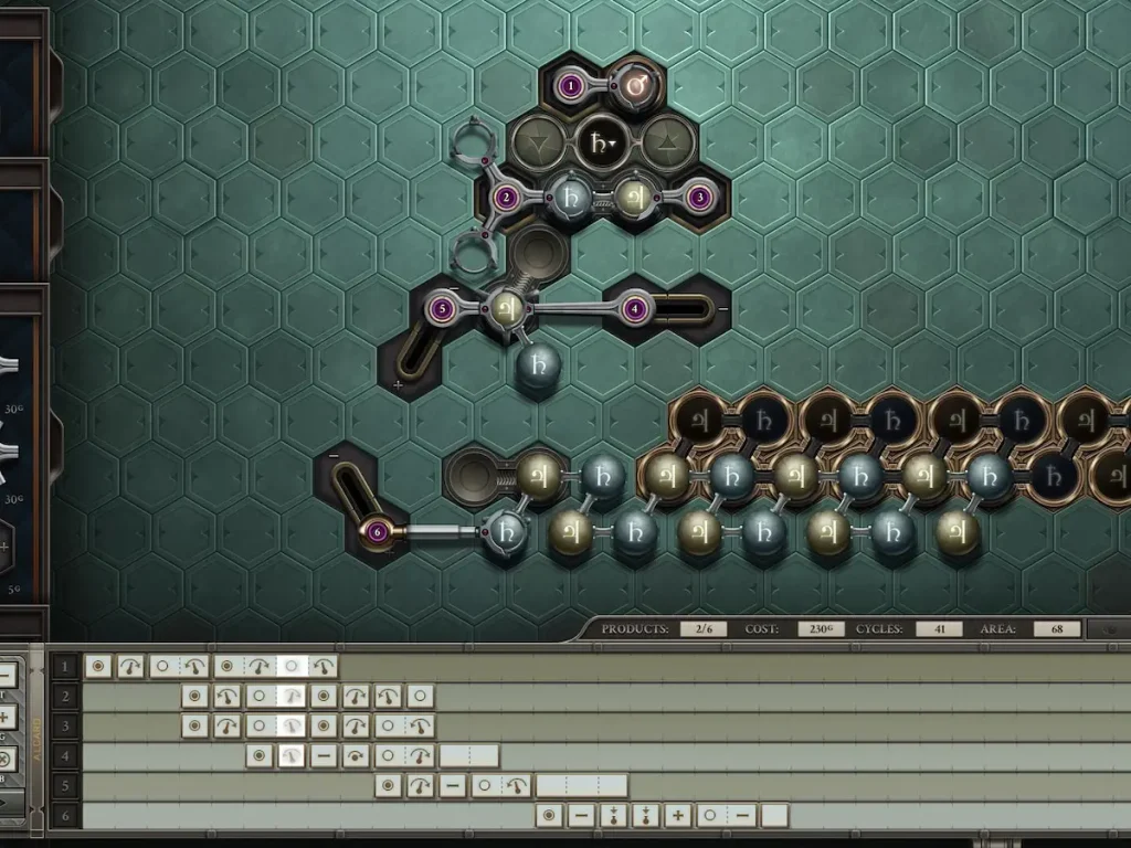 Opus Magnum gameplay, construcción de una máquina para resolver un puzle
