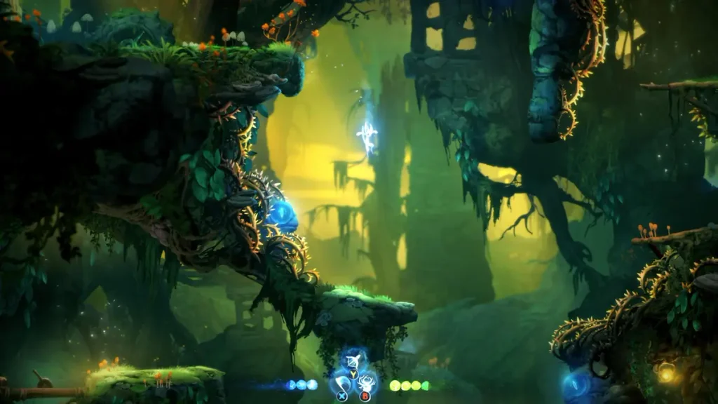 Ori and the Will of the Wisps gameplay, Ori desplazándose por uno de los escenarios del juego