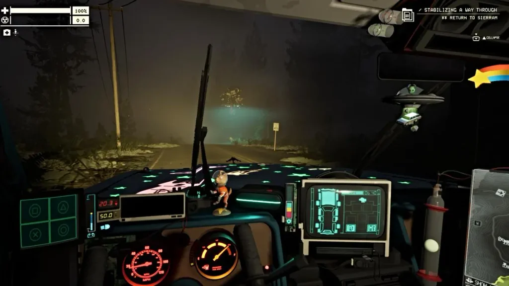 Pacific Drive gameplay, jugador conduciendo por una zona afectada por anomalías