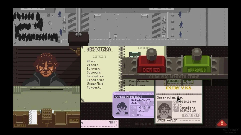 Papers Please gameplay, inspector revisando documentos en un puesto fronterizo