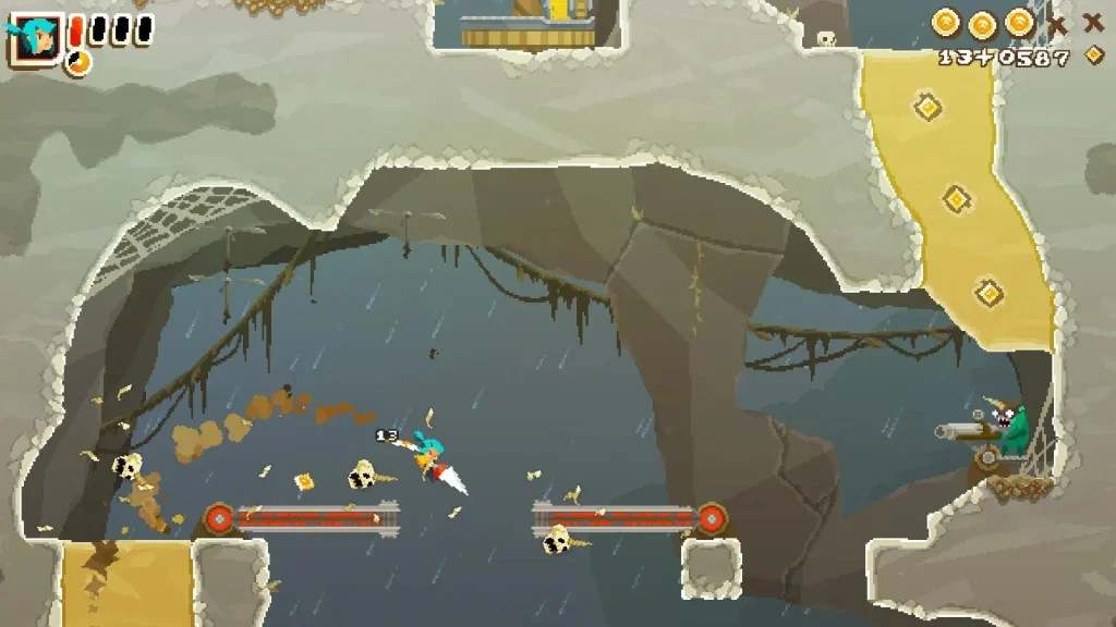 Pepper Grinder gameplay, personaje utilizando su taladro para atravesar el escenario