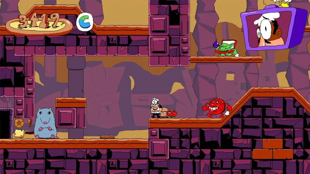 Pizza Tower gameplay, Peppino atravesando un nivel de plataformas a toda velocidad