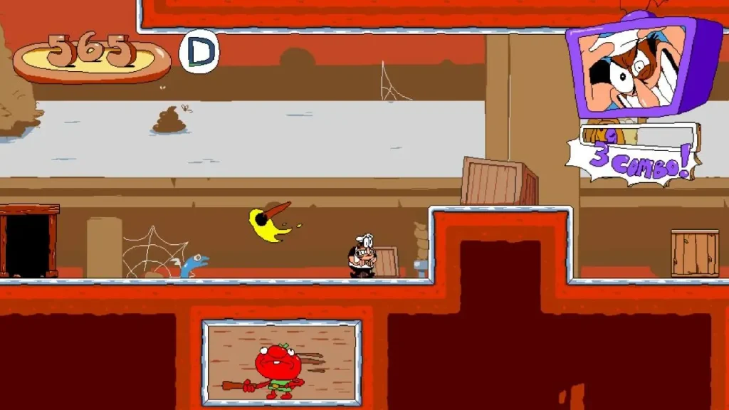 Pizza Tower gameplay, Peppino atravesando un nivel a toda velocidad