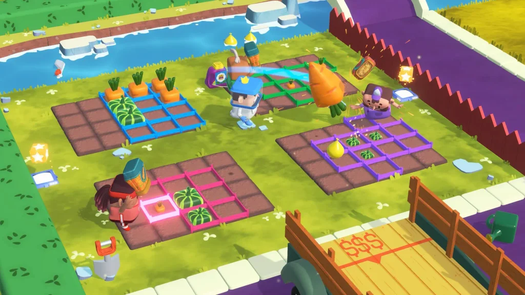 Planted! muestra un combate multijugador de jardinería en una arena dividida por colores