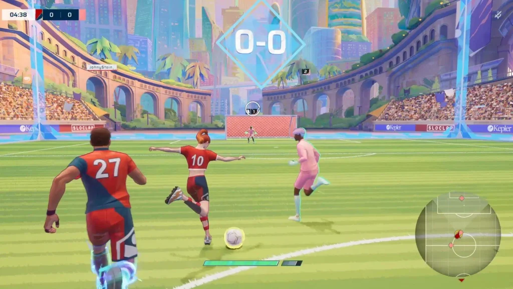 Gameplay de REMATCH en perspectiva de tercera persona durante un partido de fútbol