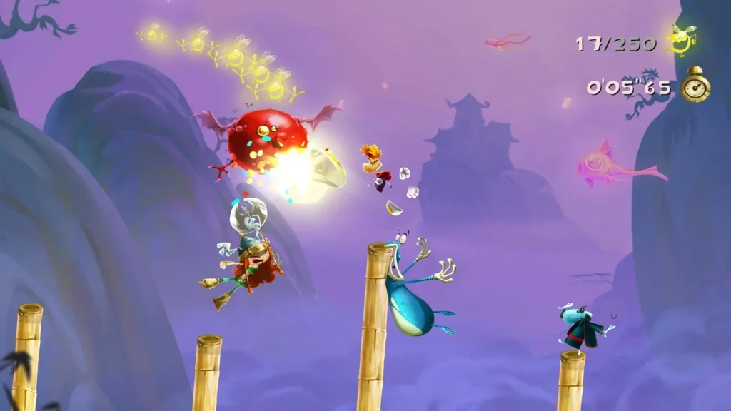 Rayman Legends gameplay, Rayman atravesando uno de los niveles de plataformas