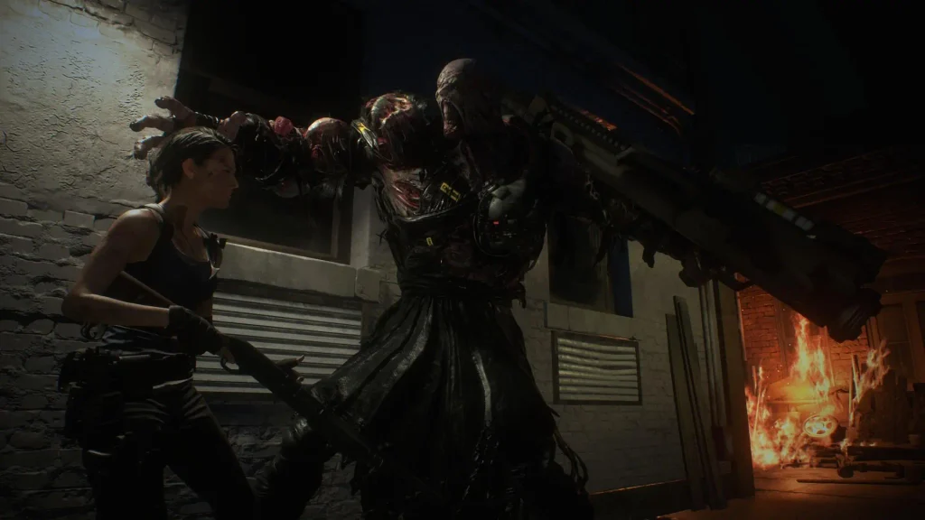 Resident Evil 3 Remake gameplay, Jill Valentine enfrentándose a Nemesis en Raccoon City