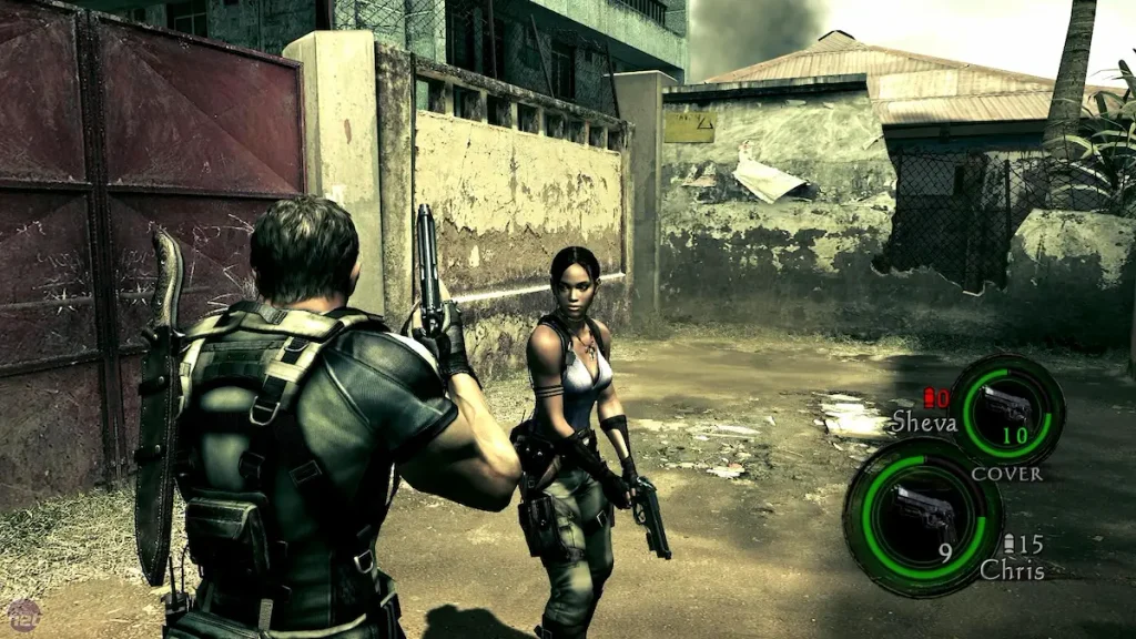 Resident Evil 5 gameplay, Chris Redfield y Sheva Alomar combatiendo contra enemigos