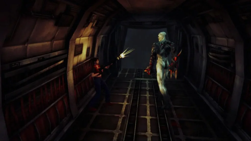 Resident Evil Code Veronica X gameplay, Claire Redfield explorando una instalación de Umbrella