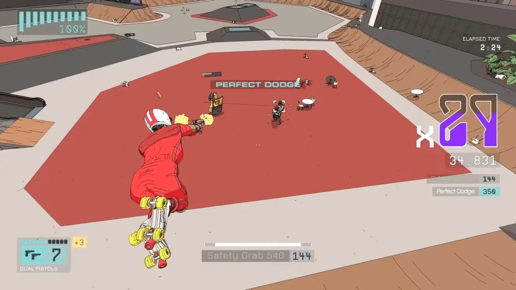 Rollerdrome gameplay, personaje patinando y disparando durante un combate