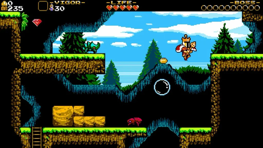 Shovel Knight Treasure Trove gameplay, Shovel Knight avanzando por un nivel de plataformas