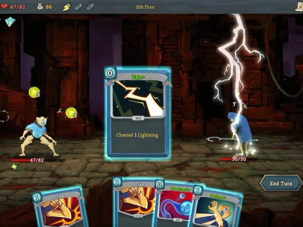Slay the Spire gameplay, combate utilizando cartas contra un enemigo