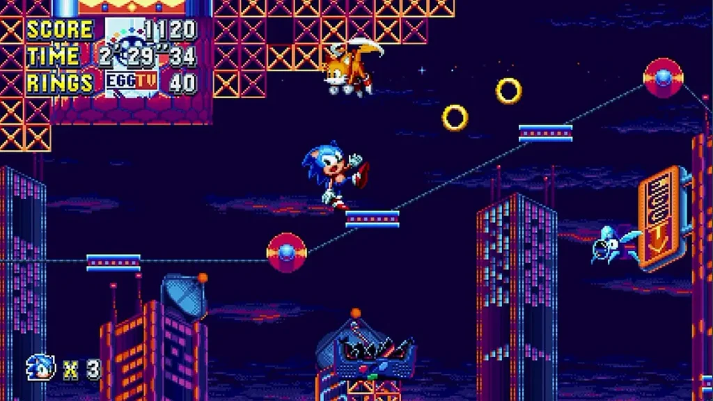 Sonic Mania gameplay, Sonic recorriendo uno de los niveles a toda velocidad