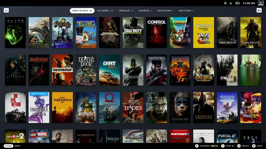 Steam Deck mostrando su biblioteca de juegos
