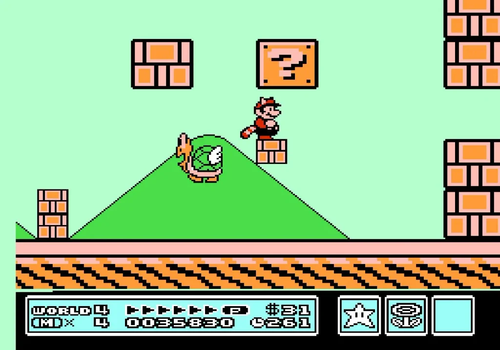 Super Mario Bros 3 gameplay, Mario avanzando por un nivel de plataformas