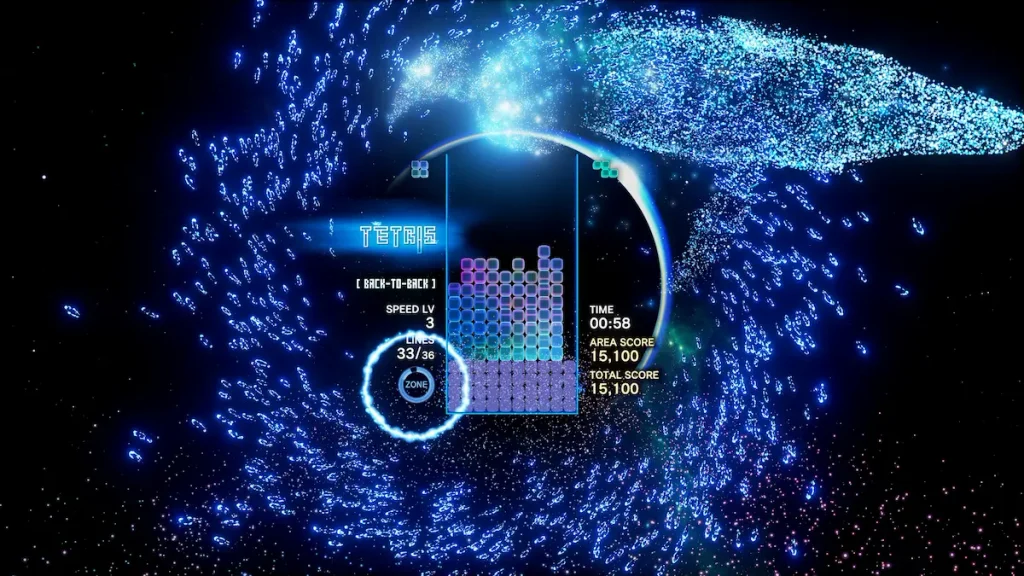 Tetris Effect Connected gameplay, partida de Tetris con efectos visuales