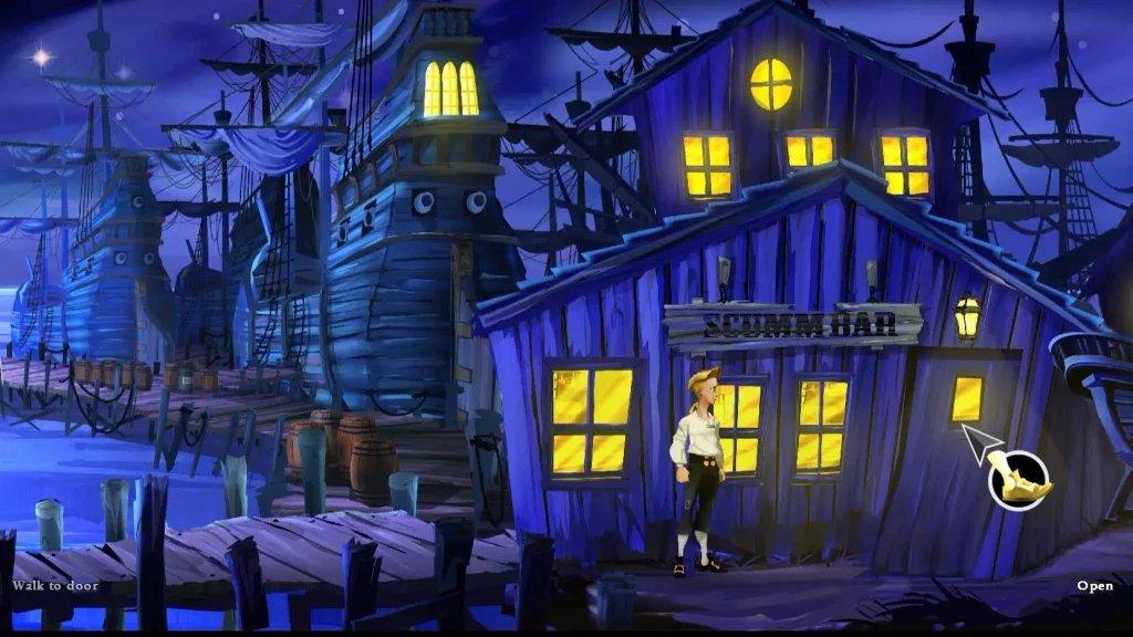 The Secret of Monkey Island Special Edition gameplay, Guybrush explorando Isla Mêlée