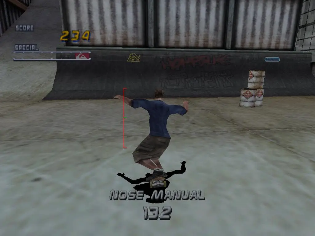 Tony Hawk's Pro Skater 2 gameplay, skater realizando un truco durante una partida