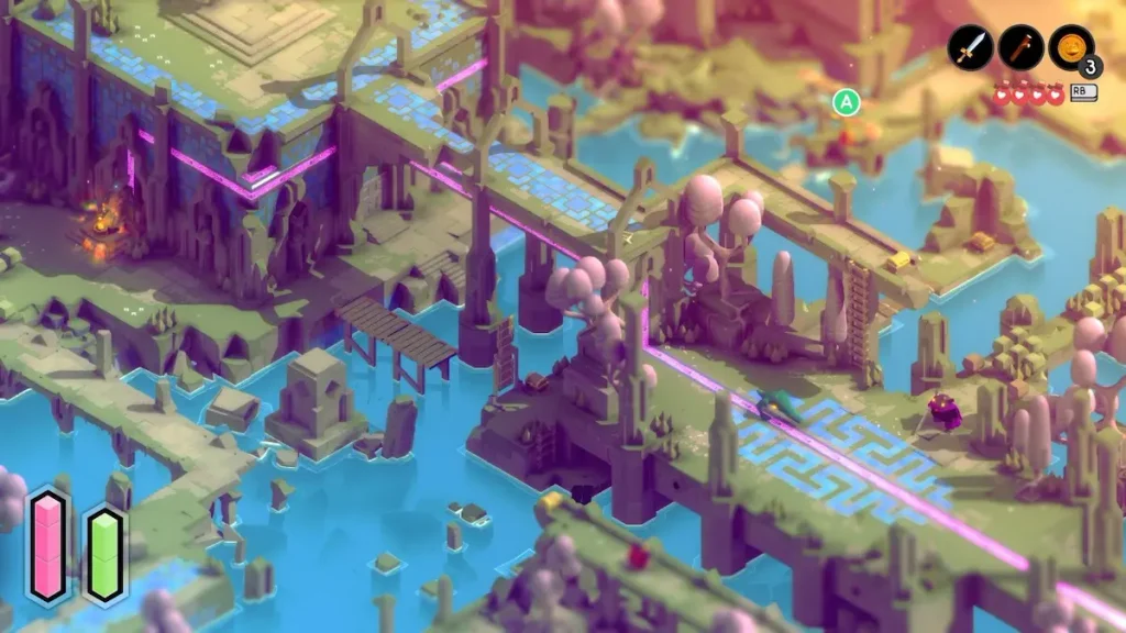 Tunic gameplay, pequeño zorro explorando un escenario lleno de secretos