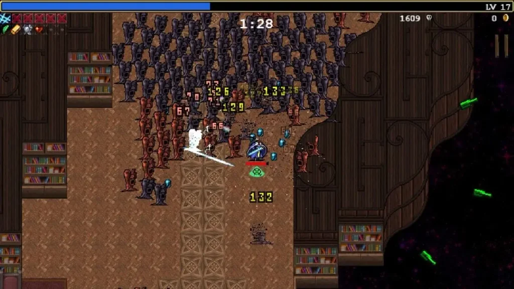 Vampire Survivors gameplay, personaje rodeado de enemigos y proyectiles