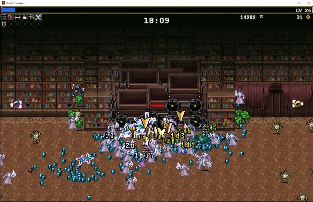 Vampire Survivors gameplay, personaje rodeado de enemigos y proyectiles