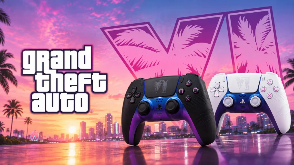Los dos DualSense de edición limitada de Grand Theft Auto VI, en blanco y negro, inspirados en Vice City
